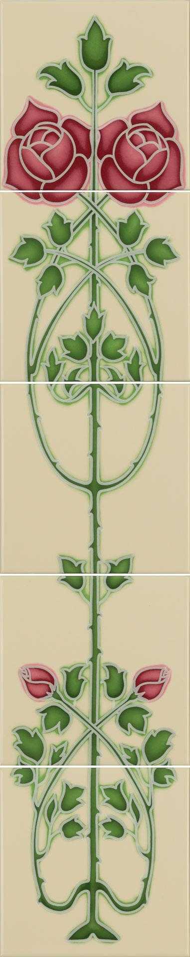 Rose And Bud Line 5 Tile Set On Colonial White